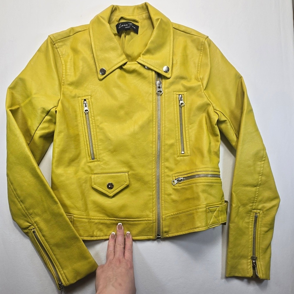 Love Tree Womens Faux Leather Moto Jacket Yellow Mustard Small Biker Zip Coat
